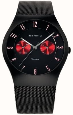 Bering Men's Titanium Black Red Accent Mesh Strap Watch 11939-229