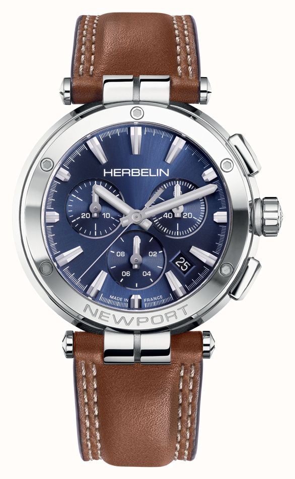 Herbelin Newport Chronograph 40.5mm Blue Dial Brown Leather Strap 37658AP15GD