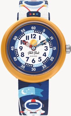 Flik Flak ASTRODREAMS (31.85mm) White and Blue Dial / Astronaut Patterned Fabric Strap FBNP216