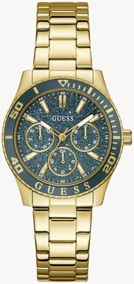 Guess MARIANA Multifunction (36mm) Blue Glitter Dial / Gold PVD Stainless Steel Bracelet GW1035L2