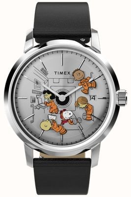 Timex x Peanuts Space Marlin Automatic (40mm) Silver Dial / Black Leather Strap TW2W87200