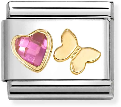 Nomination Classic Pink Cubic Zirconia Heart & Butterfly 18ct Gold Charm 030613/14