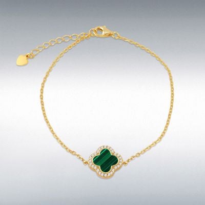 Sterling Silver Yellow Gold Plated 15mm x 15mm Clover Malachite and 1mm White CZ Adjustable Bracelet 8.23.7963