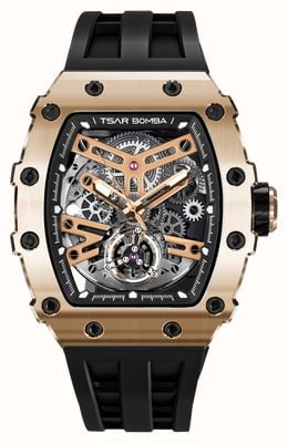 TSAR BOMBA Elemental Series Automatic (43.5mm) Rose-Gold Skeleton Dial / Black Silicone Strap TB8208A-07