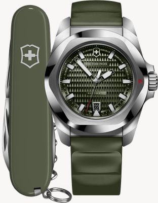Victorinox I.N.O.X. Automatic + Spartan Swiss Army Knife (41mm) Green Guilloché Dial / Green Rubber Strap 242017.1