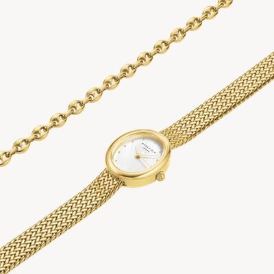 Rosefield Oval - Gift Set (24mm) White Mother-of-Pearl Dial / Gold-Plated Stainless Steel Mesh Bracelet MOGCB-X289