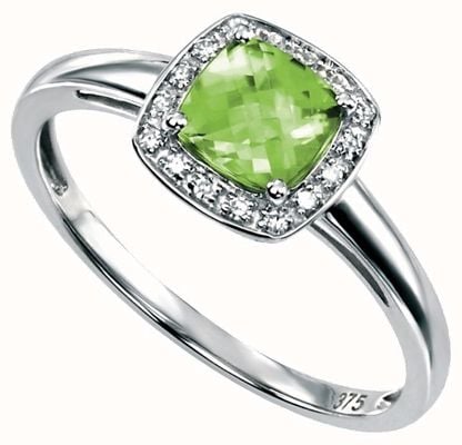 Elements Gold 9ct W/g Peridot Diamond Square Ring GR509G