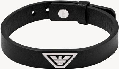 Emporio Armani Men's Black Leather Stainless Steel Eagle Logo Bracelet EGS3128040