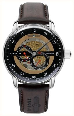 Zeppelin Men's Captain's Line Automatic (43mm) Black and Gold Open Heart Dial / Brown Leather Strap 8664-5