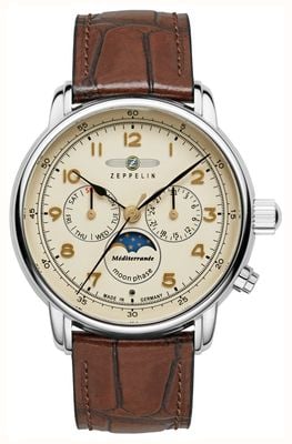 Zeppelin Méditerranée 1921 Quartz Moonphase (42mm) Beige Dial / Brown Leather Strap 9636-5