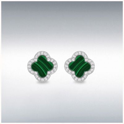 Sterling Silver Rhodium Plated 11mm Clover Malachite and 1.1mm White CZ Stud Earring 8.59.1908