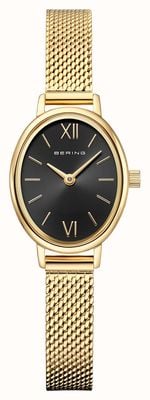 Bering Classic Oval Quartz (20mm) Black Sunray Dial / Gold Milanese Mesh Strap Watch 11020-332