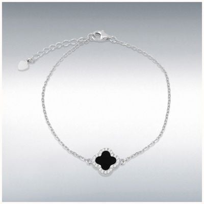 Sterling Silver Rhodium Plated 11mm Clover Black Agate White CZ Adjustable Bracelet 8.23.8112