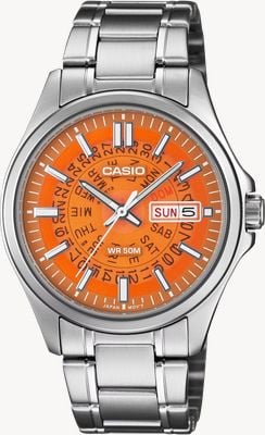 Casio MTP-E740 Series Day-Date Quartz (39.8mm) Transparent Orange Dial / Stainless Steel Bracelet MTP-E740-4AVER