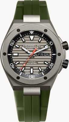 Herbelin Cap Camarat Automatic Titanium Diver (42mm) Grey Dial / Khaki Green FKM Rubber Strap 1745TITICK