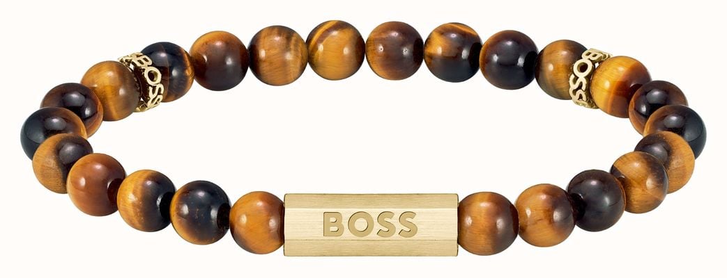 BOSS Jewellery Men's Sphere Stones Tiger's Eye Beads Gold-Tone Stainless Steel Bracelet 1580661M