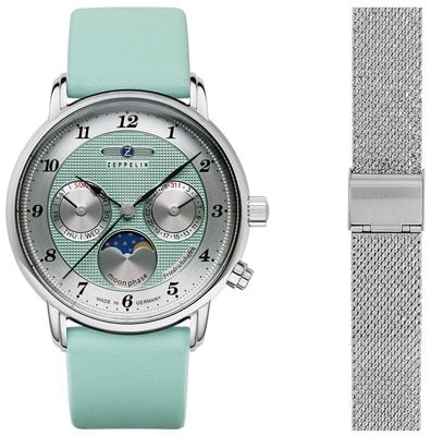 Zeppelin Moonphase Multifunction (36mm) Mint Green Clous de Paris Dial / Steel Mesh & TurquoiseLeather Straps 8537-2 SET