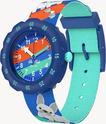 Flik Flak SKATING FRENCHIE (34.75mm) Blue Patterned Dial / Blue Skating Frenchie Patterned Strap FPSP075