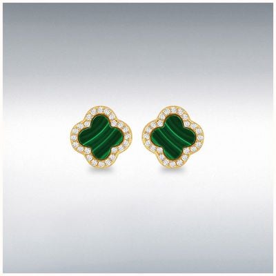 Sterling Silver Yellow Gold Plated 11mm x 11mm Clover Malachite and 1mm White CZ Stud Earrings 8.59.1902