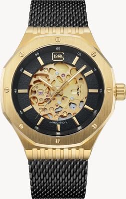 GLOCK Precision Skeleton Automatic (45mm) Black & Gold Dial / Black PVD Stainless Steel Mesh Bracelet GW-21-1-24