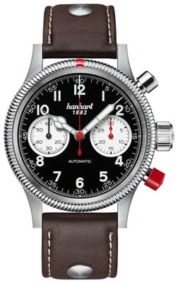 Hanhart PIONEER Mk II Automatic Chronograph (40mm) Reverse Panda Dial / Dark Brown Leather Rivet Strap - M 716.211-0110