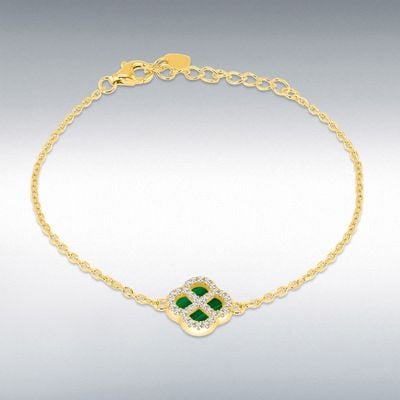 Sterling Silver Yellow Gold Plated 11mm Clover Malachite and 1.1mm White CZ Adjustable Bracelet 16cm 8.29.2882