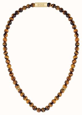 BOSS Jewellery Men's Sphere Stones Tiger's Eye Beads Gold-Tone Stainless Steel Necklace 1580663