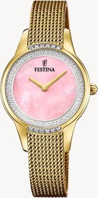 Festina Mademoiselle (30.2mm) Pink Mother Of Pearl Dial / Gold-Tone Stainless Steel Mesh Bracelet F20495/2
