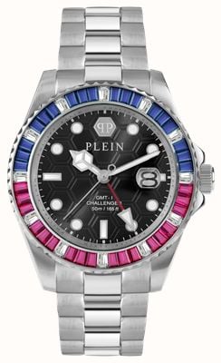 Philipp Plein HYPER-SPORT GMT-I CHALLENGER BAGUETTES (44mm) Black Dial / Stainless Steel Bracelet PWPZA0124