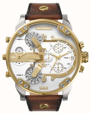 Diesel MR. DADDY 2.0 Multifunction (57mm) White & Gold Dial / Brown Leather Strap DZ7483