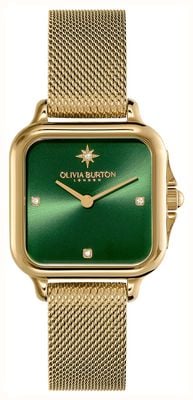 Olivia Burton Grosvenor Classic (28mm) Green Sunray Dial / Gold PVD Stainless Steel Mesh Bracelet 24000087