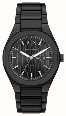 Armani Exchange Three-Hand Day/Date Quartz (42mm) Textured Black Dial / Black PVD Stainless Steel Bracelet AX4301