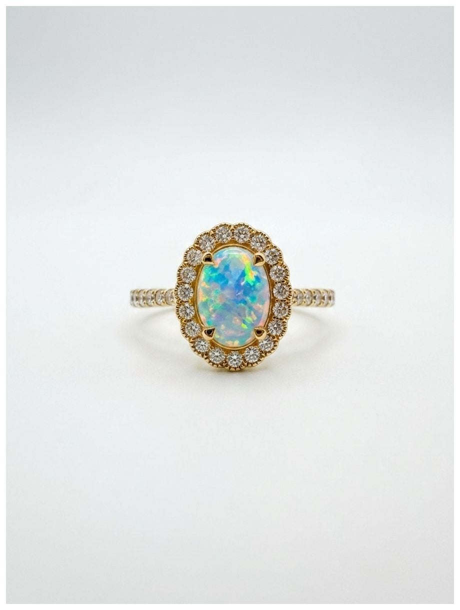 GEMEX J15780 18ct Yellow Gold Diamond opal halo Ring 9477 Jewellery