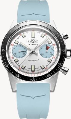 Vulcain Skindiver Chronograph Automatic Limited Edition (39.7mm) Silver Dial / Ice Blue Rubber Strap Watch 590176BL7.BAR224
