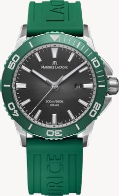 Maurice Lacroix Pontos S Solar Date (42mm) Black Smoked Translucid Dial / Green Rubber Strap Watch PT1008-SSL50-330-5