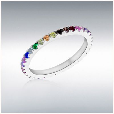 IBB Sterling Silver Rhodium Plated 34 x 1.7mm Multi-Coloured Cubic Zirconia 2mm Band Ring 8.84.9841