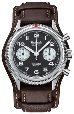 Hanhart 417 ES 1954 Flyback Reverse Panda (39mm) Black Dial / Dark Brown Leather Strap - M H701.211-7110