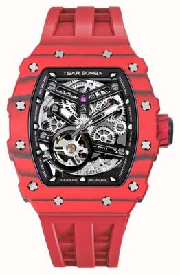 TSAR BOMBA Elemental Series Carbon Fiber Automatic (43.5mm) Black Skeleton Dial / Bull Red FKM Rubber Strap TB8208CF-07