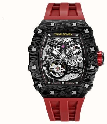 TSAR BOMBA Elemental Series Carbon-Fiber Automatic (43mm) Black Skeleton Dial / Passion Red Silicone Strap TB8208CF-39