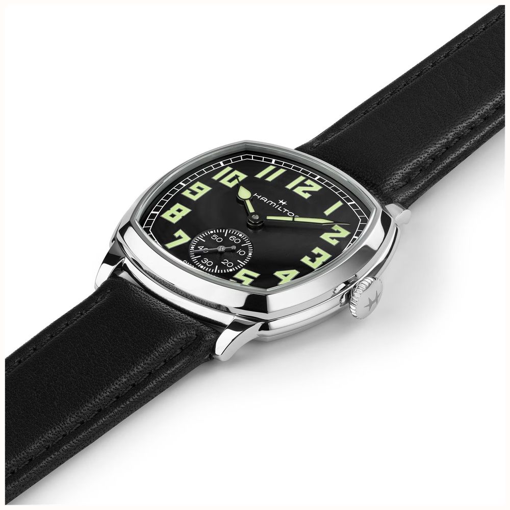 Hamilton American Classic Cushion Mechanical (34mm) Black Sunray Dial / Black Leather Strap Watch H36129730 - alternate view 3