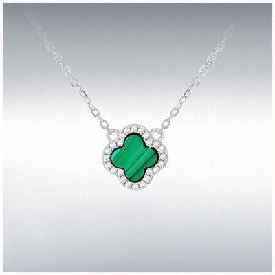 Sterling Silver Rhodium Plated 11mm Clover Malachite and 1.1mm White CZ Adjustable Necklace 8.13.8040