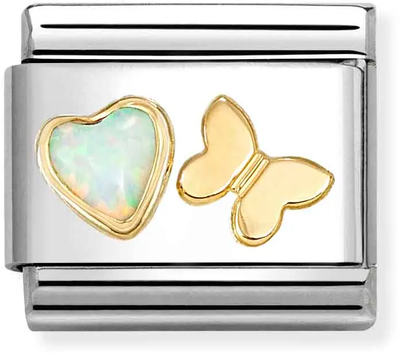Nomination Classic White Opal Heart & Butterfly 18ct Gold Charm 030523/11