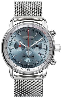 Zeppelin LZ 14 Marine Quartz Chronograph (42mm) Ice Blue Dial / Stainless Steel Mesh Bracelet 8886M-3