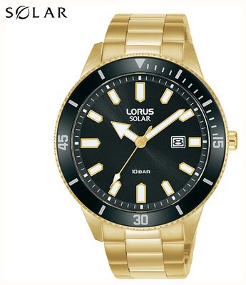 Lorus Men's Solar (43mm) Black Dial / Gold-Tone Stainless Steel Bracelet RX308AX9