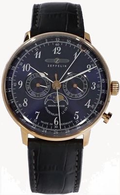 Zeppelin LZ 129 Hindenburg Moonphase (40mm) Night Blue Dial / Blue Leather Strap 7038-3