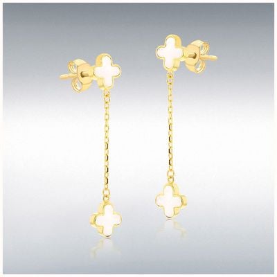 18ct Yellow Gold 6.75mm X 35mm Mother Of Pearl Clover Petals Drop Stud Earrings 7.54.5076