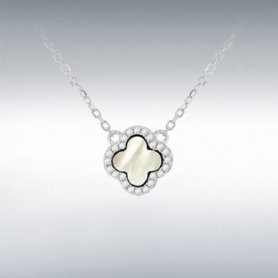Sterling Silver Rhodium Plated 11mm Clover Mother Of Pearl and 1.1mm White CZ Adjustable Necklace 40 8.13.8090
