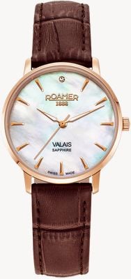 Roamer Valais Quartz (32mm) Mother-of-Pearl Dial / Brown Leather & Rose-Gold Steel Mesh Strap Set Watch 989847 49 10 05