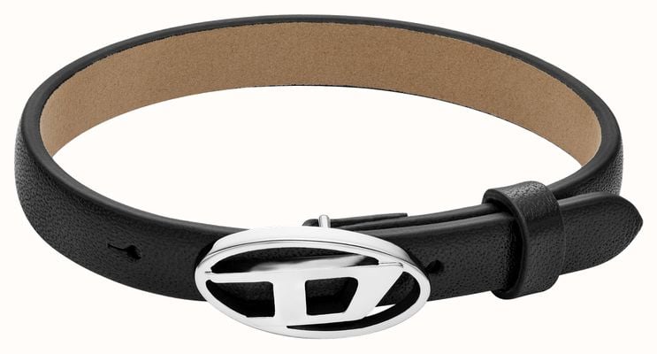 Diesel Oval D Logo Black Leather Stainless Steel Bracelet DX1516040