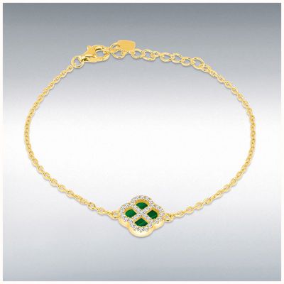 IBB Sterling Silver Yellow Gold Plated 11mm Clover Malachite and 1.1mm White CZ Adjustable Bracelet 16cm 8.29.2882